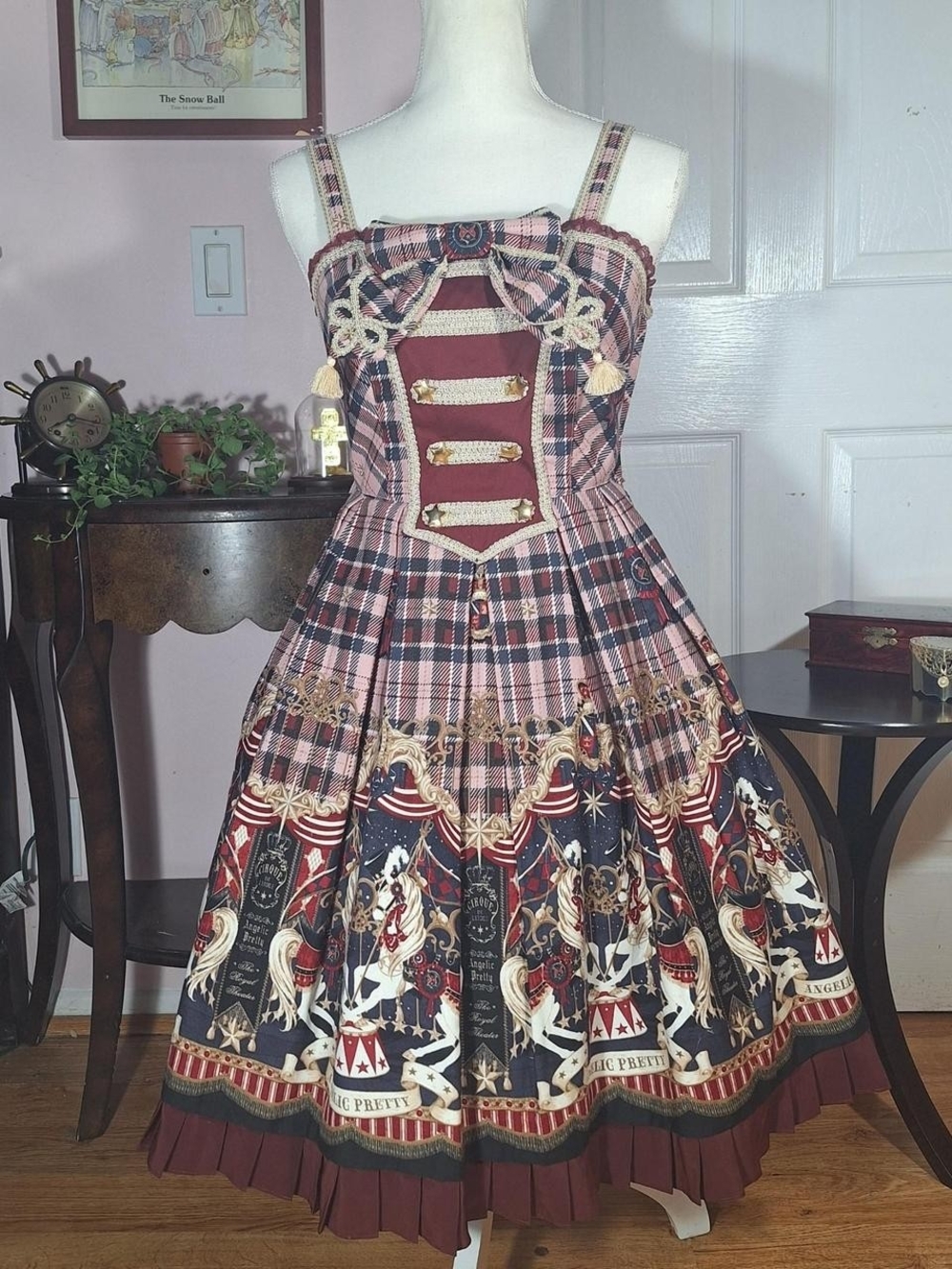Royal Carousel Plaid Midi Dress in Pink & Maroon